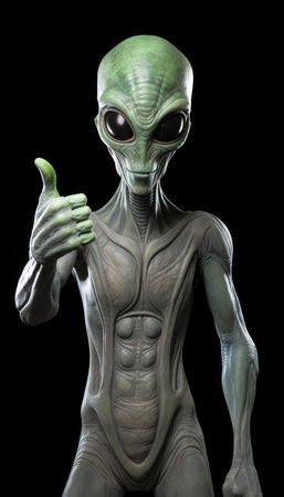 alien with thumbs up isolated on a black background. 3d renderの素材