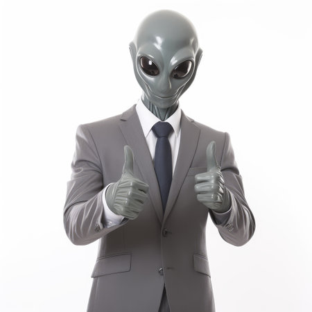 alien with thumbs up isolated on a white background. 3d renderingの素材