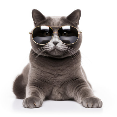 Funny british shorthair cat wearing sunglasses gold frame. Isolated on a white background.の素材
