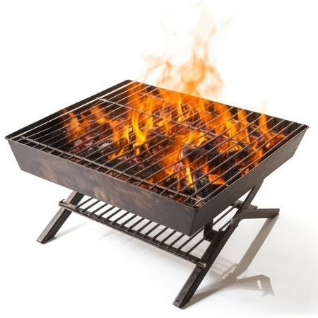 Empty square grill with massive flames from coal, isolated on White Backgroundの素材