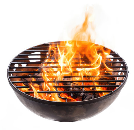 BBQ grill with flame and smoke isolated on White Background. Empty outdoor BBQ grill.の素材