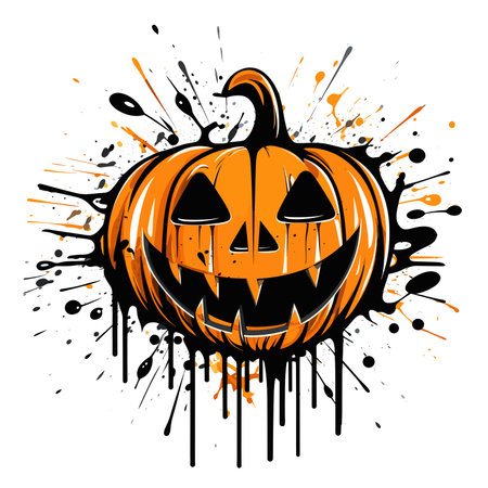 Graffiti halloween pumpkin with funny teeth and paint splashes in the eyes, in the style of bold lithographic, drips and splatters, heavy inking.のイラスト素材