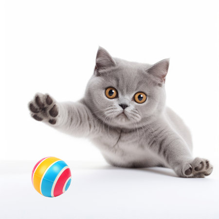 British shorthair cat sitting and playing ball, isolated on white background. Front view of cat playing cutout.の素材