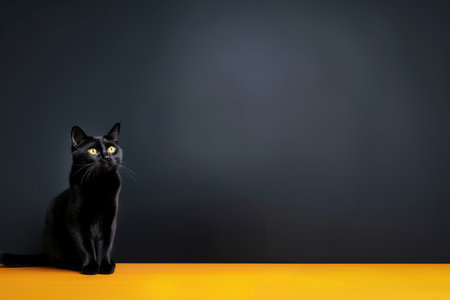 The cat is sitting and looking up on a orange floor, dark background and space for text.の素材