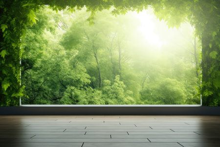 Empty room with green forest view and sunlight. 3D Renderingの素材