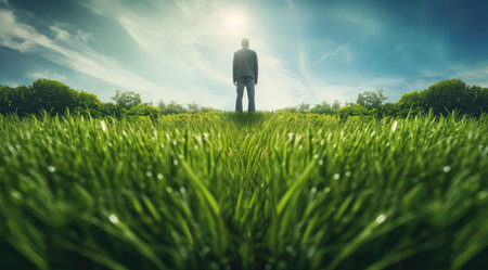 Businessman standing on a green meadow and looking at the sunの素材