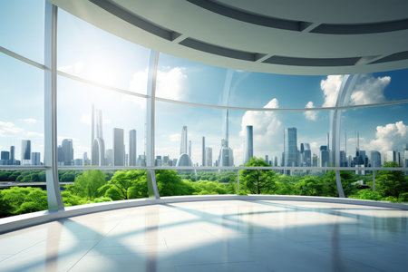 city panoramic window with cityscape and skyscrapers, 3d renderの素材