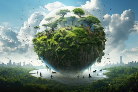 Ecology concept. Earth planet with green trees and birds flying aroundの素材