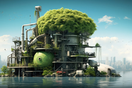 Industrial landscape with green plant in water.の素材