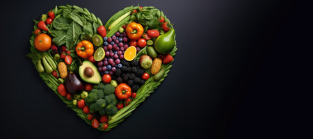 Healthy fruits and vegetables in heart shape on black background. Healthy food concept.の素材