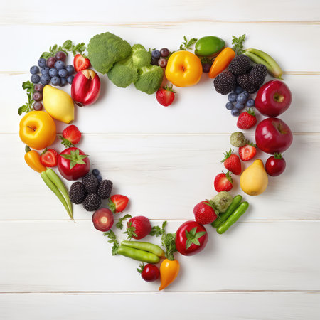 Healthy heart made of fresh fruits and vegetables on white wooden backgroundの素材