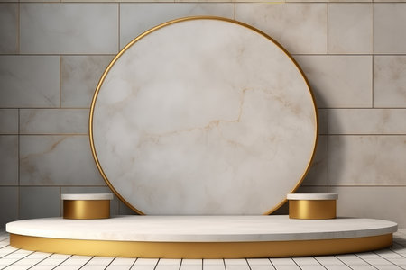 Round podium with gold framele background. 3D rendering.の素材