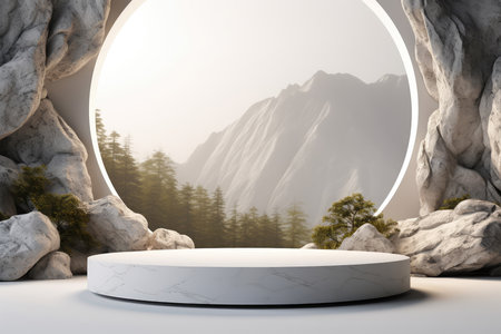 Minimalistic scene with round podium and mountains in the background. 3D renderingの素材