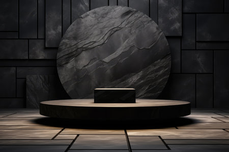 Black marble podium on a dark background, 3d rendering. Computer digital drawing.の素材