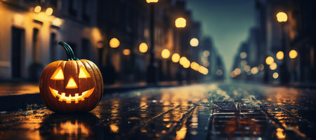 Halloween pumpkin on the city street at night. 3d renderingの素材
