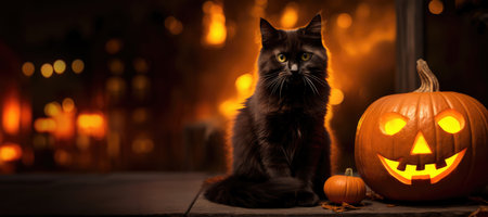 Halloween black cat with pumpkin Jack O Lantern on dark background.の素材