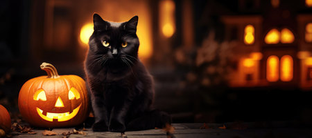 Halloween background with black cat and pumpkins in front of fireplaceの素材