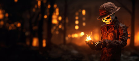 Scary skeleton holding a burning candle in his hand. Halloween conceptの素材