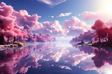 Fantasy landscape with lake, trees and sky with clouds.の素材