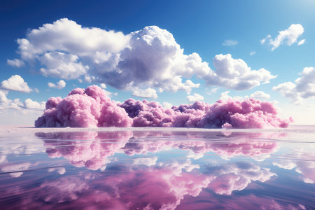 beautiful pink clouds in the blue sky reflected in the water surfaceの素材
