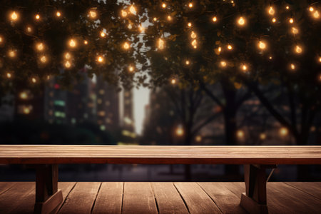 Wooden table against night city scene with street lights in the cityの素材