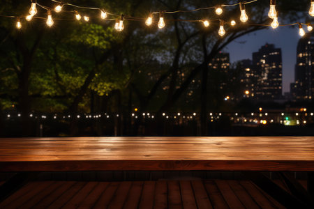 Wooden table in front of night city lights. Ready for product display montageの素材