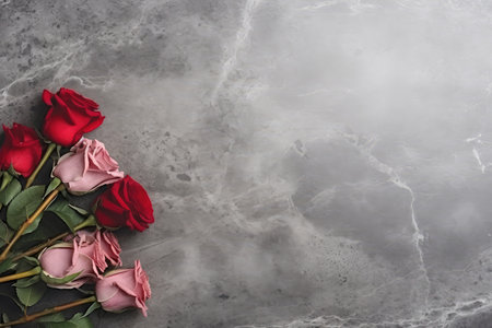 Bouquet of beautiful roses on grey marble table, space for textの素材
