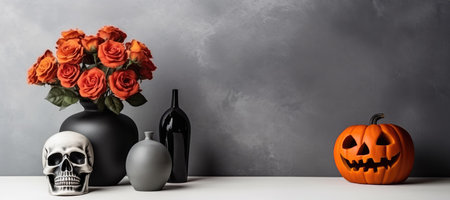 Halloween still life with pumpkins, skull and vase with red rosesの素材