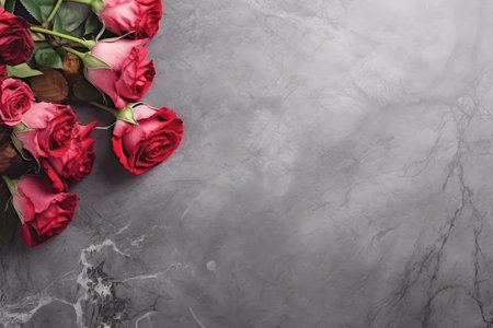 Red roses on grey marble background with copy space. Top view.の素材