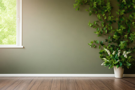 Empty room with green wall and green plants.の素材