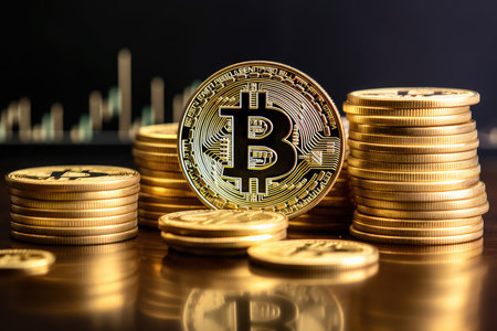 Bitcoin. Cryptocurrency. Digital currency. Golden coin with bitcoin symbol on a dark background.の素材