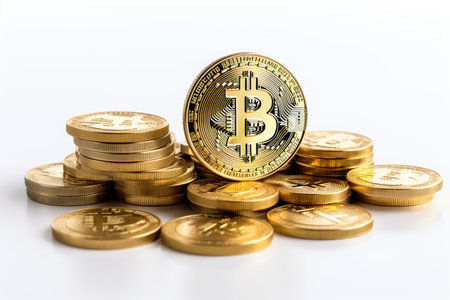 Golden Bitcoin isolated on white background with copy space for your text.の素材