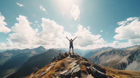 Man standing on top of mountain with raised hands. Success and achievement conceptの素材