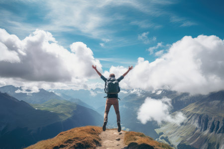 Hiker with arms outstretched standing on the top of a mountainの素材
