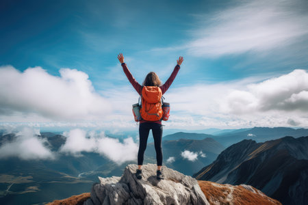 cheering woman hiker open arms on top of a mountain peakの素材