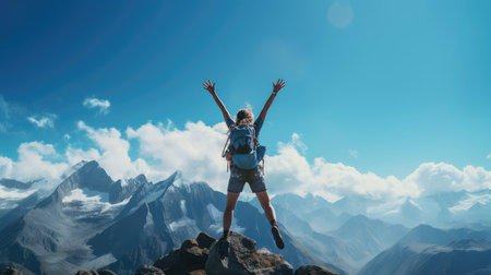 Happy woman with hands up against mountain peak in the clouds 3dの素材