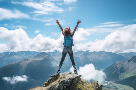 Happy woman with hands up standing on top of mountain against blue skyの素材