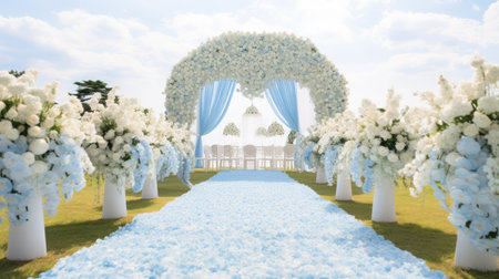 Wedding arch decorated with white flowers.の素材