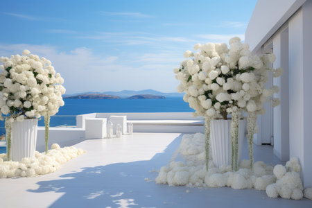 Beautiful white flowers on the terrace with sea view, Greeceの素材