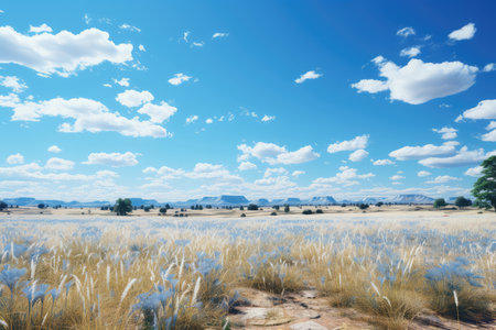 Field of grass with blue sky and white clouds in the background.の素材