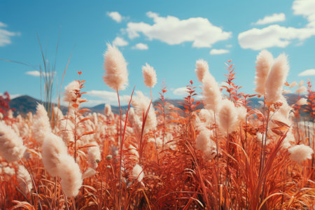 Close up of reed grass with blue sky and white clouds backgroundの素材