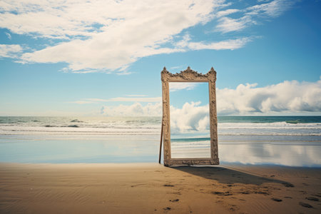 Vintage picture frame on the beach with sea and sky background.の素材