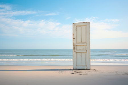 Door on the beach with sea and blue sky background. Copy space.の素材