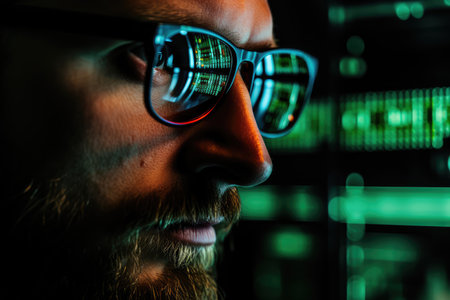 Portrait of a bearded man with glasses in a dark room.の素材