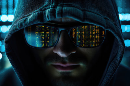 Hooded man wearing a hoodie and sunglasses with binary codeの素材