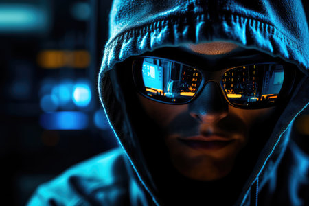Portrait of a hacker in a hoodie and sunglasses. Close-up.の素材