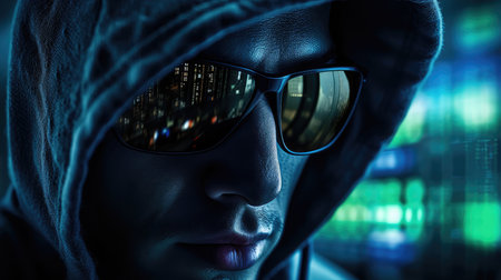 Portrait of a hacker in a hoodie and sunglasses. Computer security concept.の素材