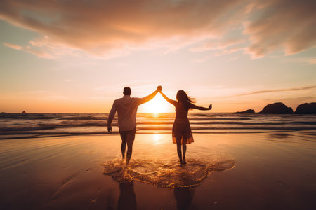 Romantic couple holding hands on the beach at beautiful sunset. Honeymoon conceptの素材