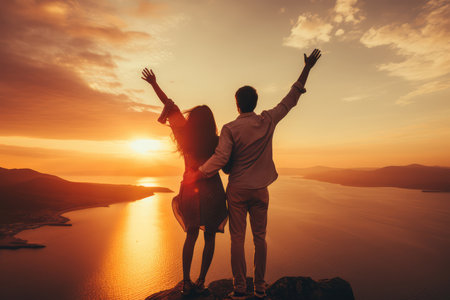 Happy couple standing on top of the mountain and looking at beautiful sunsetの素材