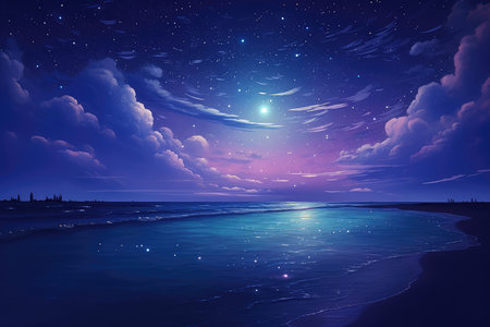 Beautiful seascape at night with moon and stars, illustrationの素材